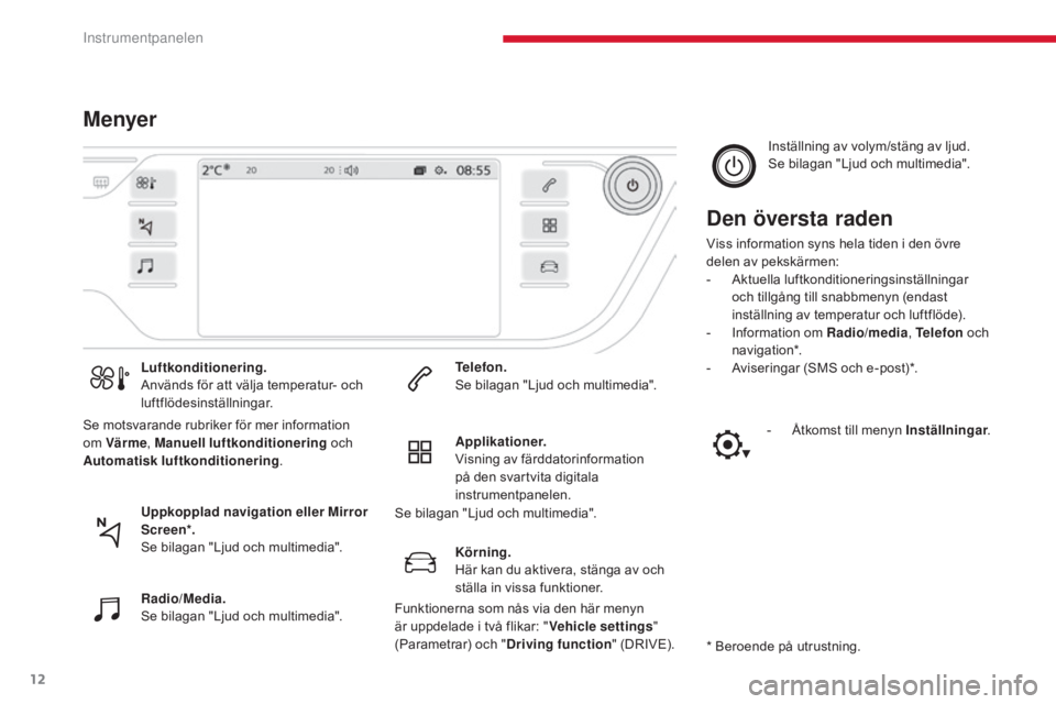 CITROEN C4 SPACETOURER 2018 InstruktionsbÖcker (in Swedish) 12
C4-Picasso-II_sv_Chap01_instruments-bord_ed02-2016
MenyerDen översta raden
Viss information syns hela tiden i den övre
delen av pekskärmen:
-
A
ktuella luftkonditioneringsinställningar
och t CITROEN C4 SPACETOURER 2018 InstruktionsbÖcker (in Swedish) 12
C4-Picasso-II_sv_Chap01_instruments-bord_ed02-2016
MenyerDen översta raden
Viss information syns hela tiden i den övre
delen av pekskärmen:
-
A
ktuella luftkonditioneringsinställningar
och t