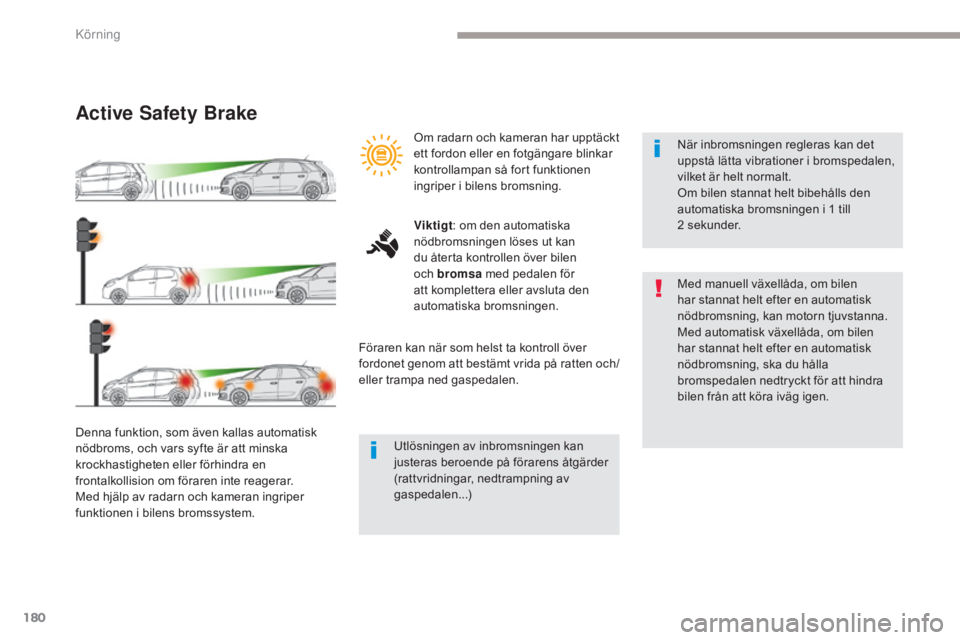 CITROEN C4 SPACETOURER 2018 InstruktionsbÖcker (in Swedish) 180
C4-Picasso-II_sv_Chap04_conduite_ed02-2016
Active Safety Brake
Denna funktion, som även kallas automatisk
nödbroms, och vars syfte är att minska
krockhastigheten eller förhindra en
frontalk CITROEN C4 SPACETOURER 2018 InstruktionsbÖcker (in Swedish) 180
C4-Picasso-II_sv_Chap04_conduite_ed02-2016
Active Safety Brake
Denna funktion, som även kallas automatisk
nödbroms, och vars syfte är att minska
krockhastigheten eller förhindra en
frontalk