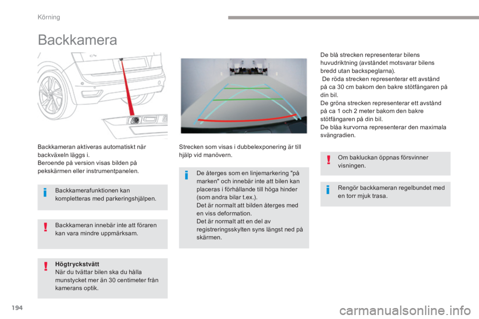 CITROEN C4 SPACETOURER 2018  InstruktionsbÖcker (in Swedish) 194
C4-Picasso-II_sv_Chap04_conduite_ed02-2016
Backkamera
Rengör backkameran regelbundet med 
en torr mjuk trasa.
Backkameran aktiveras automatiskt när 
backväxeln läggs i.
Beroende på version vi