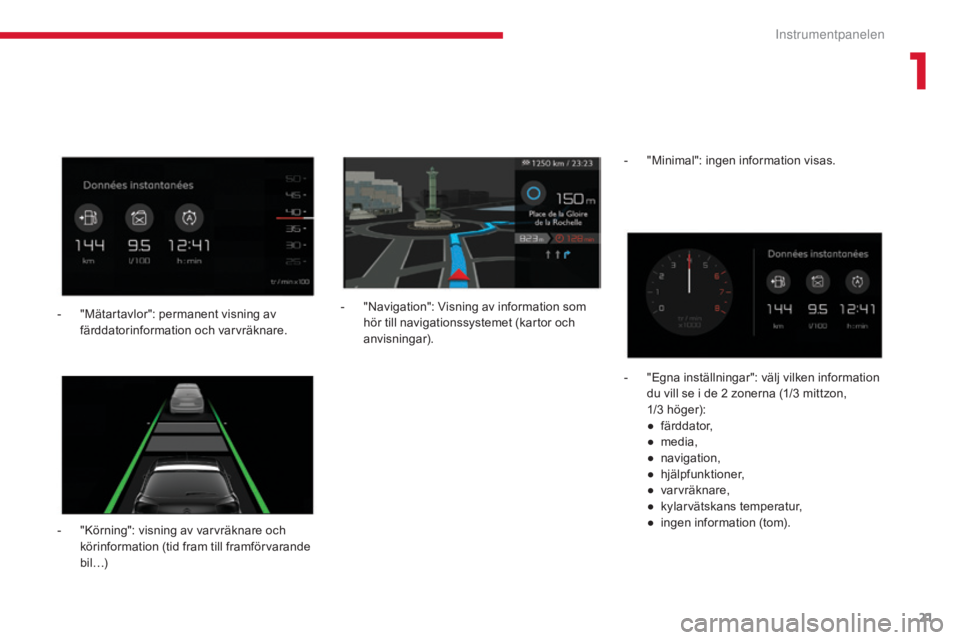 CITROEN C4 SPACETOURER 2018  InstruktionsbÖcker (in Swedish) 21
C4-Picasso-II_sv_Chap01_instruments-bord_ed02-2016
- "Körning": visning av varvräknare och körinformation (tid fram till framförvarande 
bil…) -
 
"
 Navigation": Visning av i