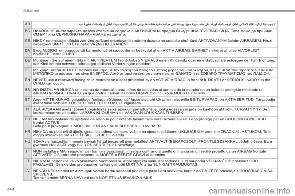 CITROEN C4 SPACETOURER 2018  InstruktionsbÖcker (in Swedish) 248
Ar
BGНИКОГА НЕ инсталирайте детско столче на седалка с АКТИВИРАНА предна ВЪЗДУШНА ВЪЗГЛАВНИЦ А. Това може да 