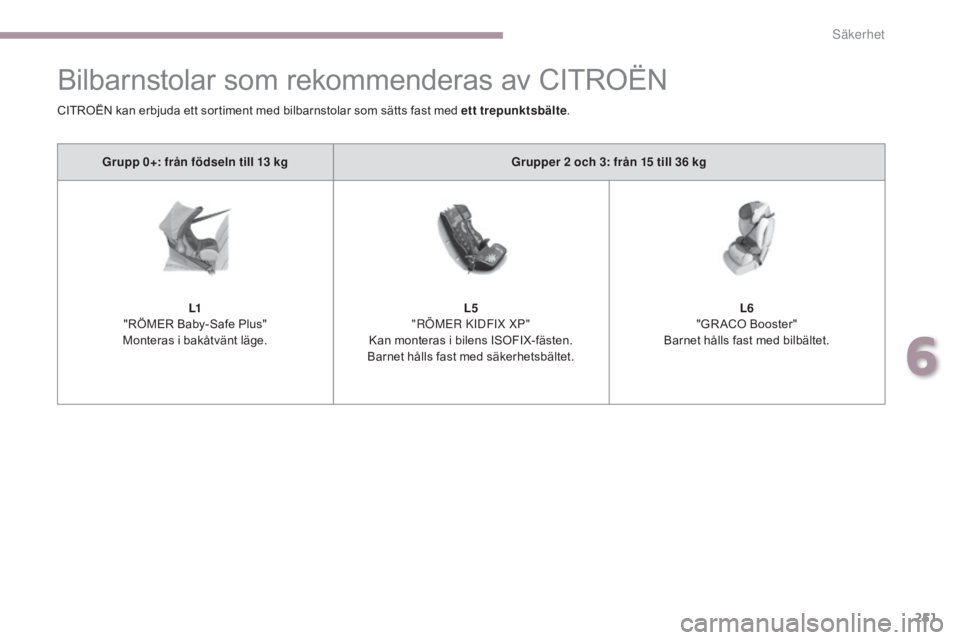 CITROEN C4 SPACETOURER 2018  InstruktionsbÖcker (in Swedish) 251
C4-Picasso-II_sv_Chap06_securite_ed02-2016
Bilbarnstolar som rekommenderas av CITROËN
Grupp 0+: från födseln till 13 kgGrupper 2 och 3: från 15 till 36 kg
L1
"RÖMER Baby-Safe Plus"
Mo