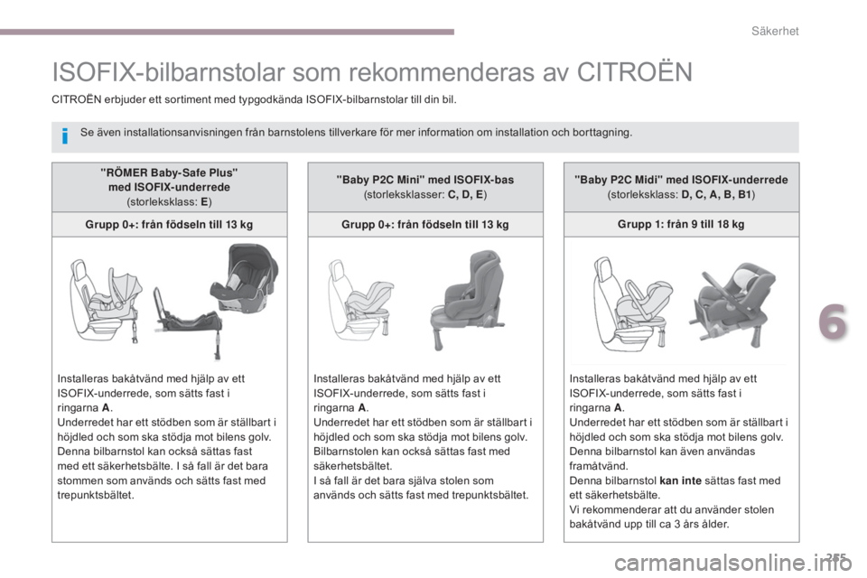 CITROEN C4 SPACETOURER 2018  InstruktionsbÖcker (in Swedish) 255
C4-Picasso-II_sv_Chap06_securite_ed02-2016
"RÖMER Baby- Safe Plus"  med ISOFIX-underrede  
(storleksklass:  E)
Grupp 0+: från födseln till 13 kg
Installeras bakåtvänd med hjälp av et