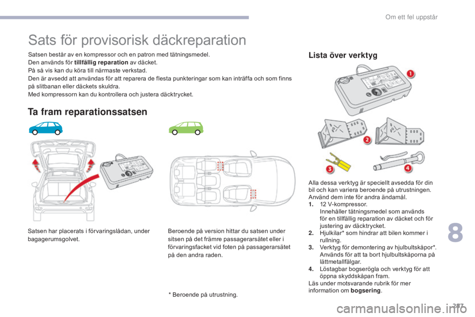 CITROEN C4 SPACETOURER 2018 InstruktionsbÖcker (in Swedish) 287
C4-Picasso-II_sv_Chap08_en-cas-panne_ed02-2016
Satsen har placerats i förvaringslådan, under
bagagerumsgolvet.Satsen består av en kompressor och en patron med tätningsmedel.
Den används för CITROEN C4 SPACETOURER 2018 InstruktionsbÖcker (in Swedish) 287
C4-Picasso-II_sv_Chap08_en-cas-panne_ed02-2016
Satsen har placerats i förvaringslådan, under
bagagerumsgolvet.Satsen består av en kompressor och en patron med tätningsmedel.
Den används för