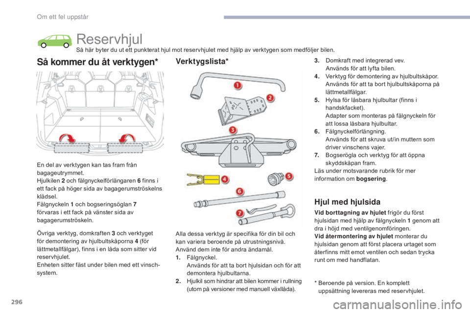 CITROEN C4 SPACETOURER 2018 InstruktionsbÖcker (in Swedish) 296
C4-Picasso-II_sv_Chap08_en-cas-panne_ed02-2016
ReservhjulSå här byter du ut ett punkterat hjul mot reservhjulet med hjälp av verktygen som medföljer bilen.
En del av verktygen kan tas fram fr CITROEN C4 SPACETOURER 2018 InstruktionsbÖcker (in Swedish) 296
C4-Picasso-II_sv_Chap08_en-cas-panne_ed02-2016
ReservhjulSå här byter du ut ett punkterat hjul mot reservhjulet med hjälp av verktygen som medföljer bilen.
En del av verktygen kan tas fram fr