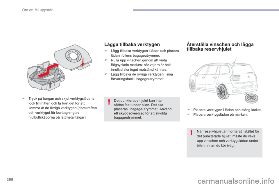 CITROEN C4 SPACETOURER 2018 InstruktionsbÖcker (in Swedish) 298
C4-Picasso-II_sv_Chap08_en-cas-panne_ed02-2016
Det punkterade hjulet kan inte
sättas fast under bilen. Det ska
placeras i bagageutrymmet. Använd
ett skyddsöverdrag för att skydda
bagageutr CITROEN C4 SPACETOURER 2018 InstruktionsbÖcker (in Swedish) 298
C4-Picasso-II_sv_Chap08_en-cas-panne_ed02-2016
Det punkterade hjulet kan inte
sättas fast under bilen. Det ska
placeras i bagageutrymmet. Använd
ett skyddsöverdrag för att skydda
bagageutr