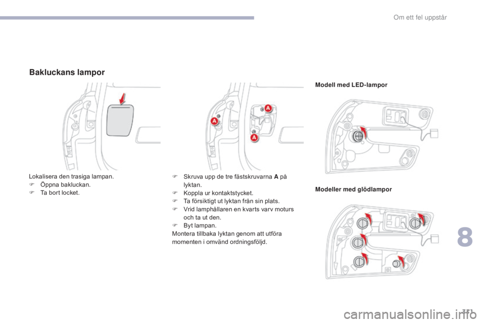 CITROEN C4 SPACETOURER 2018 InstruktionsbÖcker (in Swedish) 311
C4-Picasso-II_sv_Chap08_en-cas-panne_ed02-2016
Bakluckans lampor
Modell med LED-lampor
Modeller med glödlampor
Lokalisera den trasiga lampan.
F
Ö
ppna bakluckan.
F
T
a bort locket. F
S
CITROEN C4 SPACETOURER 2018 InstruktionsbÖcker (in Swedish) 311
C4-Picasso-II_sv_Chap08_en-cas-panne_ed02-2016
Bakluckans lampor
Modell med LED-lampor
Modeller med glödlampor
Lokalisera den trasiga lampan.
F
Ö
ppna bakluckan.
F
T
a bort locket. F
S