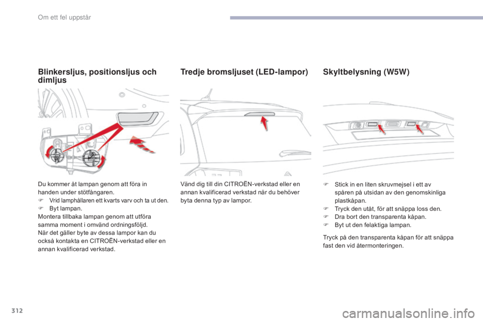 CITROEN C4 SPACETOURER 2018 InstruktionsbÖcker (in Swedish) 312
C4-Picasso-II_sv_Chap08_en-cas-panne_ed02-2016
Blinkersljus, positionsljus och
dimljus
Du kommer åt lampan genom att föra in
handen under stötfångaren.
F
Vrid lamphållaren ett kvarts varv CITROEN C4 SPACETOURER 2018 InstruktionsbÖcker (in Swedish) 312
C4-Picasso-II_sv_Chap08_en-cas-panne_ed02-2016
Blinkersljus, positionsljus och
dimljus
Du kommer åt lampan genom att föra in
handen under stötfångaren.
F
Vrid lamphållaren ett kvarts varv