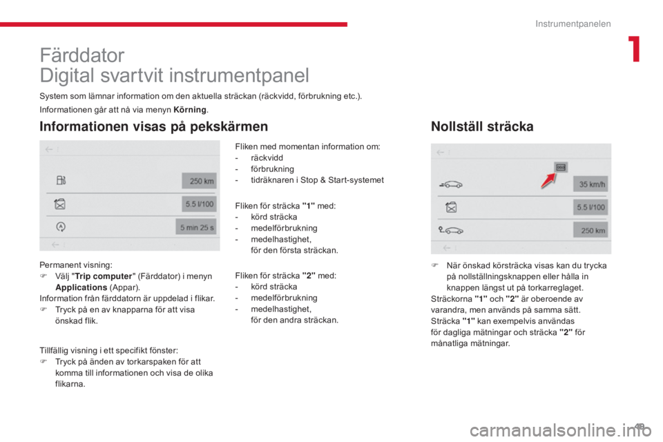 CITROEN C4 SPACETOURER 2018 InstruktionsbÖcker (in Swedish) 49
C4-Picasso-II_sv_Chap01_instruments-bord_ed02-2016
Färddator
Digital svartvit instrumentpanel
System som lämnar information om den aktuella sträckan (räckvidd, förbrukning etc.).
Informationen CITROEN C4 SPACETOURER 2018 InstruktionsbÖcker (in Swedish) 49
C4-Picasso-II_sv_Chap01_instruments-bord_ed02-2016
Färddator
Digital svartvit instrumentpanel
System som lämnar information om den aktuella sträckan (räckvidd, förbrukning etc.).
Informationen