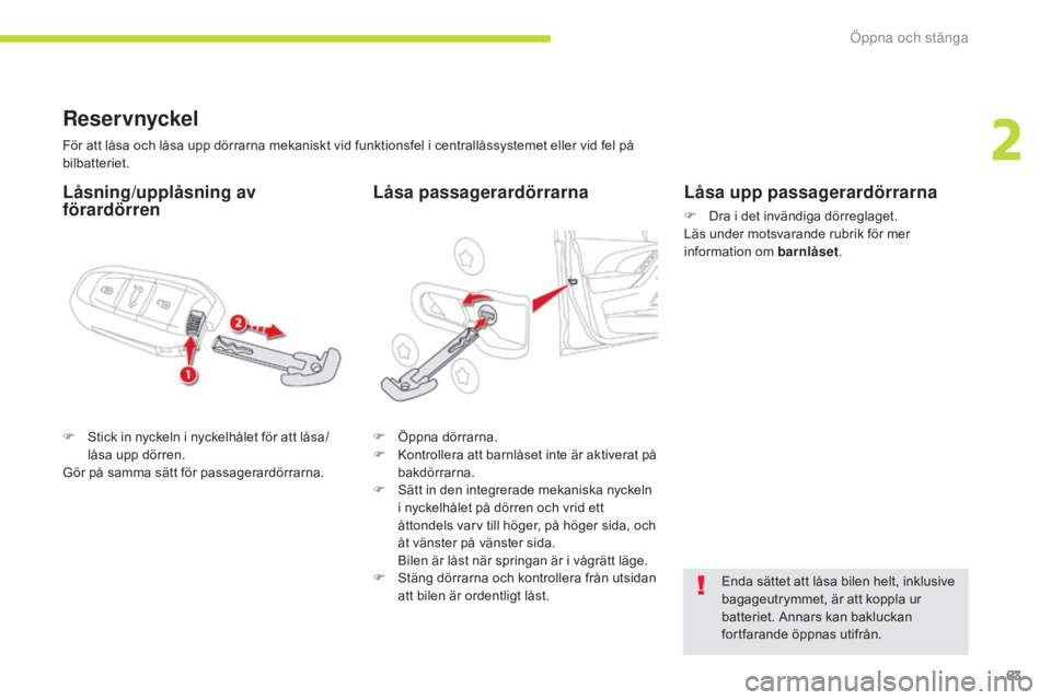CITROEN C4 SPACETOURER 2018 InstruktionsbÖcker (in Swedish) 63
C4-Picasso-II_sv_Chap02_ouvertures_ed02-2016
Reser vnyckel
F Stick in nyckeln i nyckelhålet för att låsa/låsa upp dörren.
Gör på samma sätt för passagerardörrarna. F
Ö ppna dörrarna.
F CITROEN C4 SPACETOURER 2018 InstruktionsbÖcker (in Swedish) 63
C4-Picasso-II_sv_Chap02_ouvertures_ed02-2016
Reser vnyckel
F Stick in nyckeln i nyckelhålet för att låsa/låsa upp dörren.
Gör på samma sätt för passagerardörrarna. F
Ö ppna dörrarna.
F