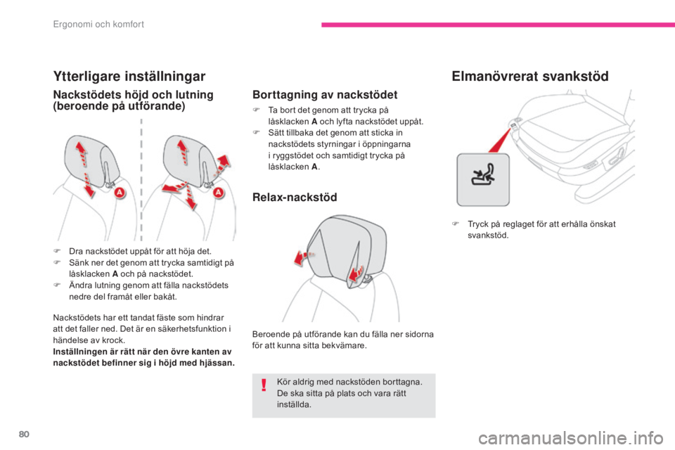 CITROEN C4 SPACETOURER 2018 InstruktionsbÖcker (in Swedish) 80
C4-Picasso-II_sv_Chap03_ergonomie-confort_ed02-2016
Ytterligare inställningar
Nackstödets höjd och lutning
(beroende på utförande)
Nackstödets har ett tandat fäste som hindrar
att det fall CITROEN C4 SPACETOURER 2018 InstruktionsbÖcker (in Swedish) 80
C4-Picasso-II_sv_Chap03_ergonomie-confort_ed02-2016
Ytterligare inställningar
Nackstödets höjd och lutning
(beroende på utförande)
Nackstödets har ett tandat fäste som hindrar
att det fall