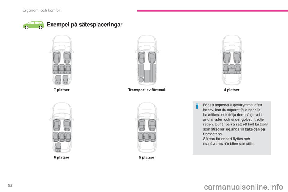 CITROEN C4 SPACETOURER 2018 InstruktionsbÖcker (in Swedish) 92
C4-Picasso-II_sv_Chap03_ergonomie-confort_ed02-2016
Exempel på sätesplaceringar
7 platser
6
platser Transport av föremål
5
platser4
platser
För att anpassa kupéutrymmet efter
behov, k CITROEN C4 SPACETOURER 2018 InstruktionsbÖcker (in Swedish) 92
C4-Picasso-II_sv_Chap03_ergonomie-confort_ed02-2016
Exempel på sätesplaceringar
7 platser
6
platser Transport av föremål
5
platser4
platser
För att anpassa kupéutrymmet efter
behov, k