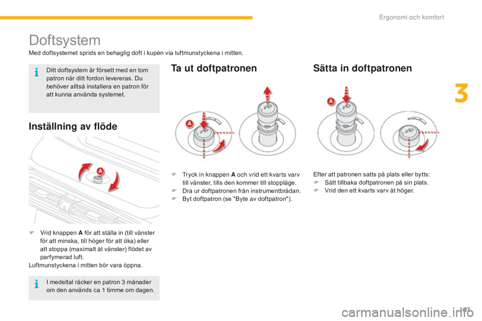 CITROEN C4 SPACETOURER 2016 InstruktionsbÖcker (in Swedish) 103
C4-Picasso-II_sv_Chap03_ergonomie-confort_ed01-2016
Doftsystem
Med doftsystemet sprids en behaglig doft i kupén via luftmunstyckena i mitten.
F
V
rid knappen A för att ställa in (till vänste CITROEN C4 SPACETOURER 2016 InstruktionsbÖcker (in Swedish) 103
C4-Picasso-II_sv_Chap03_ergonomie-confort_ed01-2016
Doftsystem
Med doftsystemet sprids en behaglig doft i kupén via luftmunstyckena i mitten.
F
V
rid knappen A för att ställa in (till vänste