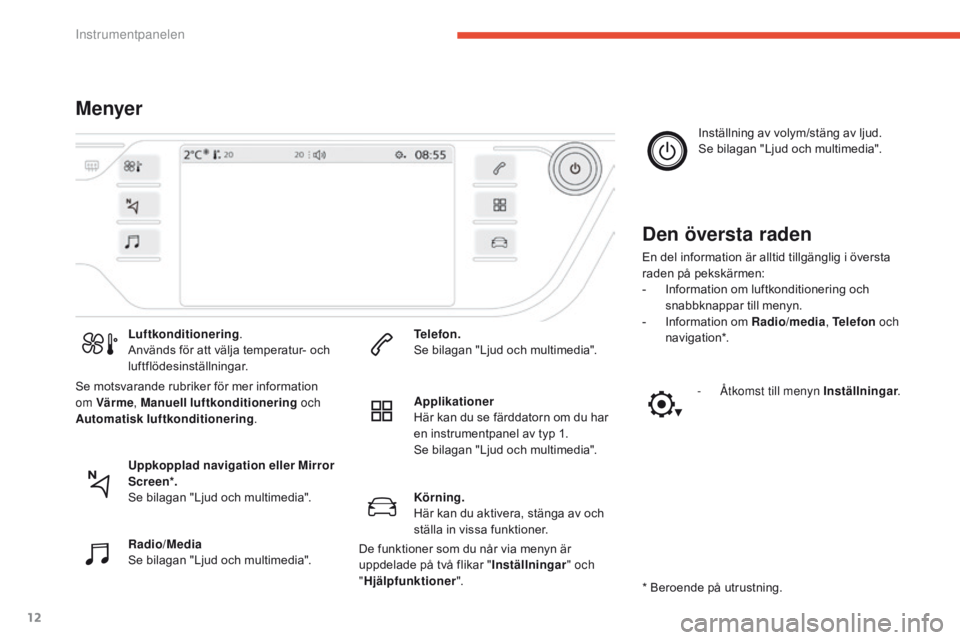 CITROEN C4 SPACETOURER 2016 InstruktionsbÖcker (in Swedish) 12
C4-Picasso-II_sv_Chap01_instruments-bord_ed01-2016
MenyerDen översta raden
En del information är alltid tillgänglig i översta
raden på pekskärmen:
-
I
nformation om luftkonditionering och CITROEN C4 SPACETOURER 2016 InstruktionsbÖcker (in Swedish) 12
C4-Picasso-II_sv_Chap01_instruments-bord_ed01-2016
MenyerDen översta raden
En del information är alltid tillgänglig i översta
raden på pekskärmen:
-
I
nformation om luftkonditionering och