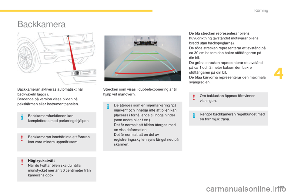 CITROEN C4 SPACETOURER 2016 InstruktionsbÖcker (in Swedish) 189
C4-Picasso-II_sv_Chap04_conduite_ed01-2016
Backkamera
Rengör backkameran regelbundet med
en torr mjuk trasa.
Backkameran aktiveras automatiskt när
backväxeln läggs i.
Beroende på version vi CITROEN C4 SPACETOURER 2016 InstruktionsbÖcker (in Swedish) 189
C4-Picasso-II_sv_Chap04_conduite_ed01-2016
Backkamera
Rengör backkameran regelbundet med
en torr mjuk trasa.
Backkameran aktiveras automatiskt när
backväxeln läggs i.
Beroende på version vi