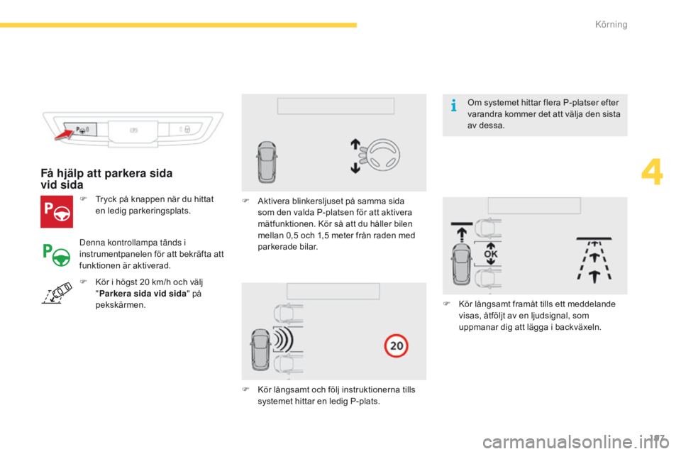 CITROEN C4 SPACETOURER 2016 InstruktionsbÖcker (in Swedish) 197
C4-Picasso-II_sv_Chap04_conduite_ed01-2016
F Tryck på knappen när du hittat en ledig parkeringsplats.
Få hjälp att parkera sida
vid sida
Denna kontrollampa tänds i
instrumentpanelen för a CITROEN C4 SPACETOURER 2016 InstruktionsbÖcker (in Swedish) 197
C4-Picasso-II_sv_Chap04_conduite_ed01-2016
F Tryck på knappen när du hittat en ledig parkeringsplats.
Få hjälp att parkera sida
vid sida
Denna kontrollampa tänds i
instrumentpanelen för a