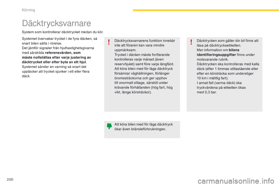CITROEN C4 SPACETOURER 2016 InstruktionsbÖcker (in Swedish) 200
C4-Picasso-II_sv_Chap04_conduite_ed01-2016
Däcktr ycksvarnare
Systemet övervakar trycket i de fyra däcken, så
snart bilen sätts i rörelse.
Det jämför signaler från hjulhastighetsgivarna CITROEN C4 SPACETOURER 2016 InstruktionsbÖcker (in Swedish) 200
C4-Picasso-II_sv_Chap04_conduite_ed01-2016
Däcktr ycksvarnare
Systemet övervakar trycket i de fyra däcken, så
snart bilen sätts i rörelse.
Det jämför signaler från hjulhastighetsgivarna