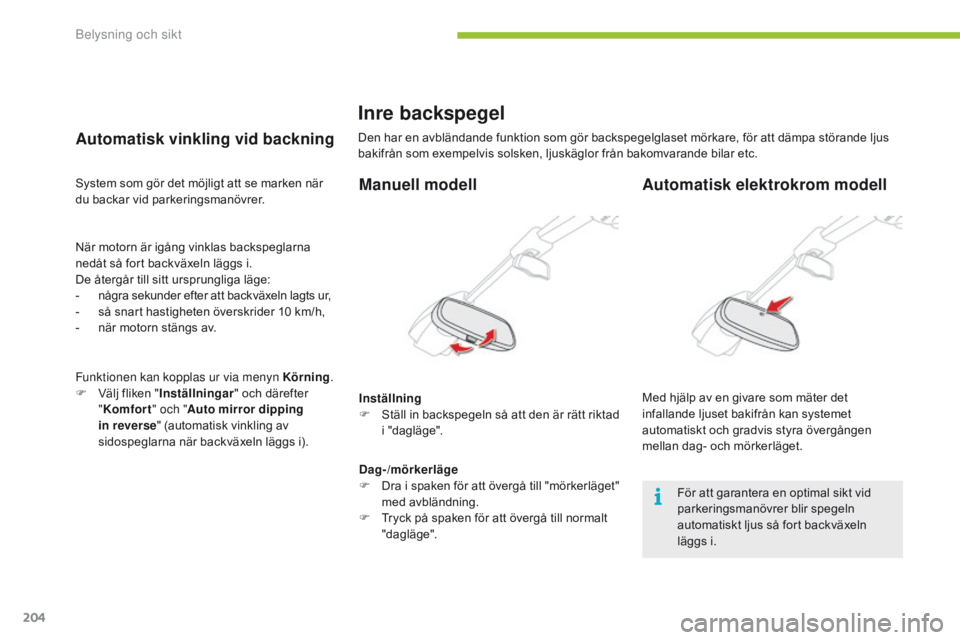 CITROEN C4 SPACETOURER 2016 InstruktionsbÖcker (in Swedish) 204
C4-Picasso-II_sv_Chap05_eclairage-visibilite_ed01-2016
Inre backspegel
Den har en avbländande funktion som gör backspegelglaset mörkare, för att dämpa störande ljus
bakifrån som exempelvis CITROEN C4 SPACETOURER 2016 InstruktionsbÖcker (in Swedish) 204
C4-Picasso-II_sv_Chap05_eclairage-visibilite_ed01-2016
Inre backspegel
Den har en avbländande funktion som gör backspegelglaset mörkare, för att dämpa störande ljus
bakifrån som exempelvis