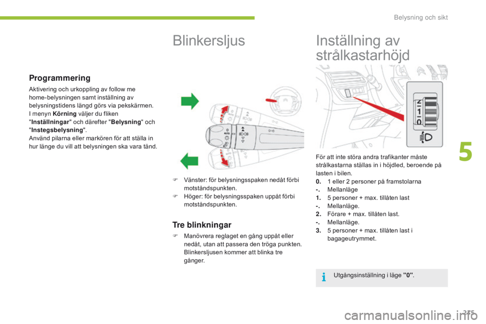 CITROEN C4 SPACETOURER 2016 InstruktionsbÖcker (in Swedish) 215
C4-Picasso-II_sv_Chap05_eclairage-visibilite_ed01-2016
För att inte störa andra trafikanter måste
strålkastarna ställas in i höjdled, beroende på
lasten i bilen.
0.
1 e
ller 2 personer p CITROEN C4 SPACETOURER 2016 InstruktionsbÖcker (in Swedish) 215
C4-Picasso-II_sv_Chap05_eclairage-visibilite_ed01-2016
För att inte störa andra trafikanter måste
strålkastarna ställas in i höjdled, beroende på
lasten i bilen.
0.
1 e
ller 2 personer p