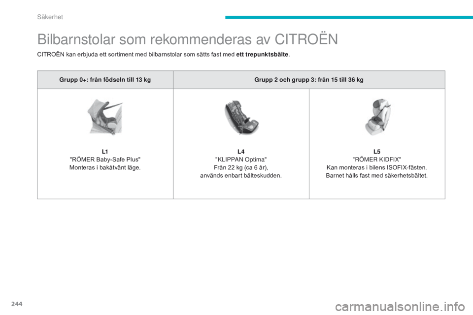 CITROEN C4 SPACETOURER 2016 InstruktionsbÖcker (in Swedish) 244
C4-Picasso-II_sv_Chap06_securite_ed01-2016
Bilbarnstolar som rekommenderas av CItrOë n
Grupp 0+: från födseln till 13 kg Grupp 2 och grupp 3: från 15 till 36 kg
L1
"RÖMER Baby-Safe Plus CITROEN C4 SPACETOURER 2016 InstruktionsbÖcker (in Swedish) 244
C4-Picasso-II_sv_Chap06_securite_ed01-2016
Bilbarnstolar som rekommenderas av CItrOë n
Grupp 0+: från födseln till 13 kg Grupp 2 och grupp 3: från 15 till 36 kg
L1
"RÖMER Baby-Safe Plus