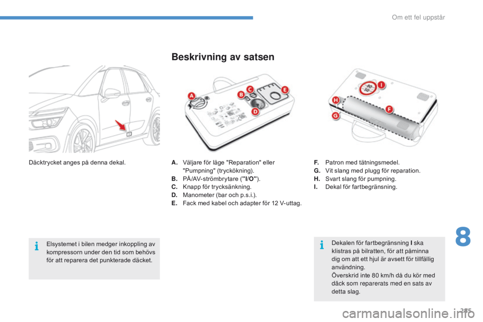 CITROEN C4 SPACETOURER 2016 InstruktionsbÖcker (in Swedish) 285
C4-Picasso-II_sv_Chap08_en-cas-panne_ed01-2016
A. Väljare för läge "Reparation" eller "Pumpning" (tryckökning).
B.
PÅ
/AV- st römbr y t are ( "I/O" ).
C.
K
napp f CITROEN C4 SPACETOURER 2016 InstruktionsbÖcker (in Swedish) 285
C4-Picasso-II_sv_Chap08_en-cas-panne_ed01-2016
A. Väljare för läge "Reparation" eller "Pumpning" (tryckökning).
B.
PÅ
/AV- st römbr y t are ( "I/O" ).
C.
K
napp f
