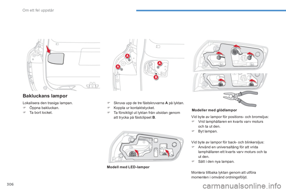 CITROEN C4 SPACETOURER 2016 InstruktionsbÖcker (in Swedish) 306
Om ett fel uppstår
Bakluckans lampor
Montera tillbaka lyktan genom att utföra
momenten i omvänd ordningsföljd. Lokalisera den trasiga lampan.
CITROEN C4 SPACETOURER 2016 InstruktionsbÖcker (in Swedish) 306
Om ett fel uppstår
Bakluckans lampor
Montera tillbaka lyktan genom att utföra
momenten i omvänd ordningsföljd. Lokalisera den trasiga lampan.