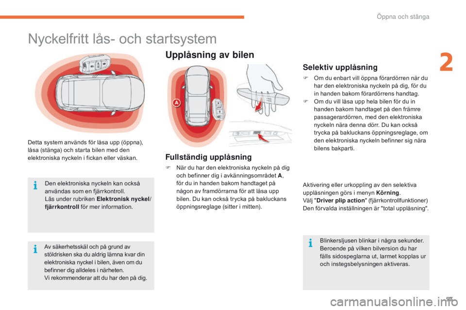 CITROEN C4 SPACETOURER 2016 InstruktionsbÖcker (in Swedish) 53
C4-Picasso-II_sv_Chap02_ouvertures_ed01-2016
Detta system används för låsa upp (öppna),
låsa (stänga) och starta bilen med den
elektroniska nyckeln i fickan eller väskan.Av säkerhetsskäl CITROEN C4 SPACETOURER 2016 InstruktionsbÖcker (in Swedish) 53
C4-Picasso-II_sv_Chap02_ouvertures_ed01-2016
Detta system används för låsa upp (öppna),
låsa (stänga) och starta bilen med den
elektroniska nyckeln i fickan eller väskan.Av säkerhetsskäl