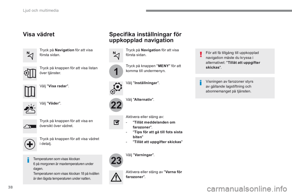 CITROEN C4 SPACETOURER 2016 InstruktionsbÖcker (in Swedish) 38
22
23
1
Ljud och multimedia
Specifika inställningar för
uppkopplad navigation
För att få tillgång till uppkopplad navigation måste du kryssa i alternativet: " Tillåt att uppgif CITROEN C4 SPACETOURER 2016 InstruktionsbÖcker (in Swedish) 38
22
23
1
Ljud och multimedia
Specifika inställningar för
uppkopplad navigation
För att få tillgång till uppkopplad navigation måste du kryssa i alternativet: " Tillåt att uppgif