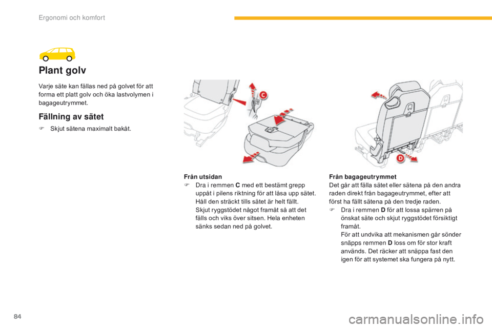 CITROEN C4 SPACETOURER 2016  InstruktionsbÖcker (in Swedish) 84
C4-Picasso-II_sv_Chap03_ergonomie-confort_ed01-2016
Plant golv
Fällning av sätet
Från utsidan
F D ra i remmen C med ett bestämt grepp 
uppåt i pilens riktning för att låsa upp sätet. 
Håll