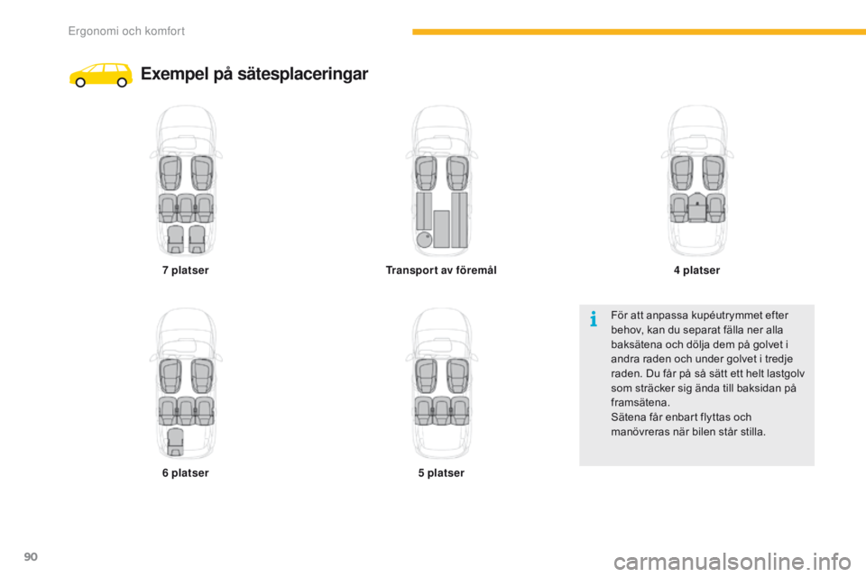 CITROEN C4 SPACETOURER 2016 InstruktionsbÖcker (in Swedish) 90
C4-Picasso-II_sv_Chap03_ergonomie-confort_ed01-2016
Exempel på sätesplaceringar
7 platser
6
platser Transport av föremål
5
platser4
platser
För att anpassa kupéutrymmet efter
behov, k CITROEN C4 SPACETOURER 2016 InstruktionsbÖcker (in Swedish) 90
C4-Picasso-II_sv_Chap03_ergonomie-confort_ed01-2016
Exempel på sätesplaceringar
7 platser
6
platser Transport av föremål
5
platser4
platser
För att anpassa kupéutrymmet efter
behov, k