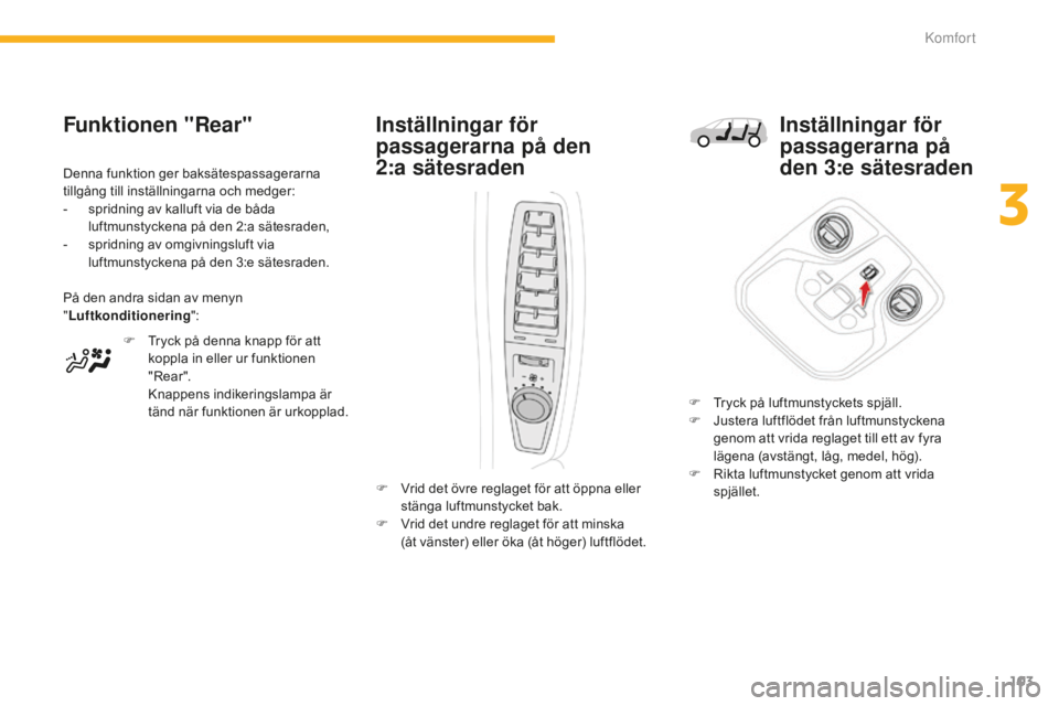 CITROEN C4 SPACETOURER 2015 InstruktionsbÖcker (in Swedish) 103
C4-Picasso-II_sv_Chap03_confort_ed01-2014
Funktionen "Rear"
F Tryck på denna knapp för att koppla in eller ur funktionen
" Rear ".
K
nappens indikeringslampa är
tänd när f CITROEN C4 SPACETOURER 2015 InstruktionsbÖcker (in Swedish) 103
C4-Picasso-II_sv_Chap03_confort_ed01-2014
Funktionen "Rear"
F Tryck på denna knapp för att koppla in eller ur funktionen
" Rear ".
K
nappens indikeringslampa är
tänd när f