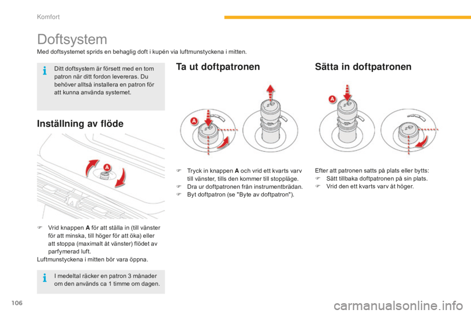 CITROEN C4 SPACETOURER 2015 InstruktionsbÖcker (in Swedish) 106
C4-Picasso-II_sv_Chap03_confort_ed01-2014
Doftsystem
Med doftsystemet sprids en behaglig doft i kupén via luftmunstyckena i mitten.
F
V
rid knappen A för att ställa in (till vänster
för at CITROEN C4 SPACETOURER 2015 InstruktionsbÖcker (in Swedish) 106
C4-Picasso-II_sv_Chap03_confort_ed01-2014
Doftsystem
Med doftsystemet sprids en behaglig doft i kupén via luftmunstyckena i mitten.
F
V
rid knappen A för att ställa in (till vänster
för at