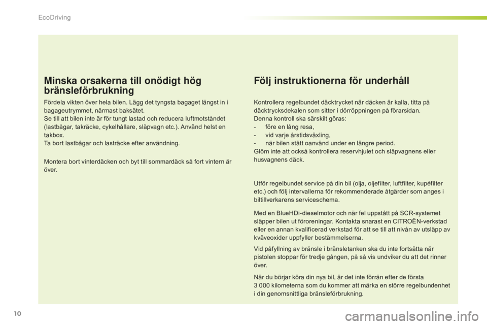 CITROEN C4 SPACETOURER 2015 InstruktionsbÖcker (in Swedish) 10
C4-Picasso-II_sv_Chap00c_eco-conduite_ed01-2014
Minska orsakerna till onödigt hög
bränsleförbrukning
Fördela vikten över hela bilen. Lägg det tyngsta bagaget längst in i
bagageutrymmet, n CITROEN C4 SPACETOURER 2015 InstruktionsbÖcker (in Swedish) 10
C4-Picasso-II_sv_Chap00c_eco-conduite_ed01-2014
Minska orsakerna till onödigt hög
bränsleförbrukning
Fördela vikten över hela bilen. Lägg det tyngsta bagaget längst in i
bagageutrymmet, n