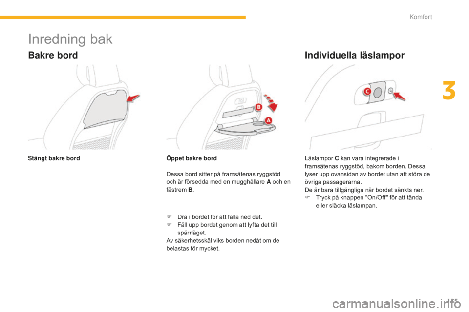 CITROEN C4 SPACETOURER 2015 InstruktionsbÖcker (in Swedish) 115
C4-Picasso-II_sv_Chap03_confort_ed01-2014
Inredning bak
Bakre bord
Dessa bord sitter på framsätenas ryggstöd
och är försedda med en mugghållare A och en
fästrem B.
F
D
ra i bordet för CITROEN C4 SPACETOURER 2015 InstruktionsbÖcker (in Swedish) 115
C4-Picasso-II_sv_Chap03_confort_ed01-2014
Inredning bak
Bakre bord
Dessa bord sitter på framsätenas ryggstöd
och är försedda med en mugghållare A och en
fästrem B.
F
D
ra i bordet för