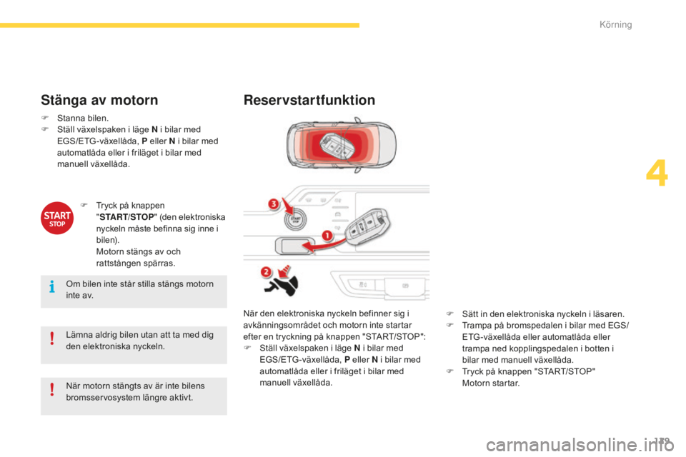 CITROEN C4 SPACETOURER 2015 InstruktionsbÖcker (in Swedish) 129
C4-Picasso-II_sv_Chap04_conduite_ed01-2014
Reservstartfunktion
När den elektroniska nyckeln befinner sig i
avkänningsområdet och motorn inte startar
efter en tryckning på knappen "START/ CITROEN C4 SPACETOURER 2015 InstruktionsbÖcker (in Swedish) 129
C4-Picasso-II_sv_Chap04_conduite_ed01-2014
Reservstartfunktion
När den elektroniska nyckeln befinner sig i
avkänningsområdet och motorn inte startar
efter en tryckning på knappen "START/