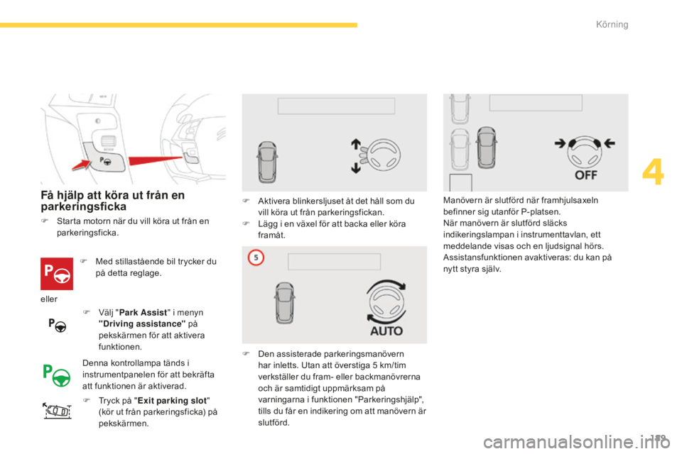 CITROEN C4 SPACETOURER 2015 InstruktionsbÖcker (in Swedish) 189
C4-Picasso-II_sv_Chap04_conduite_ed01-2014
Få hjälp att köra ut från en
parkeringsficka
F Med stillastående bil trycker du på detta reglage.
F
T
ryck på " Exit parking slot "
( CITROEN C4 SPACETOURER 2015 InstruktionsbÖcker (in Swedish) 189
C4-Picasso-II_sv_Chap04_conduite_ed01-2014
Få hjälp att köra ut från en
parkeringsficka
F Med stillastående bil trycker du på detta reglage.
F
T
ryck på " Exit parking slot "
(