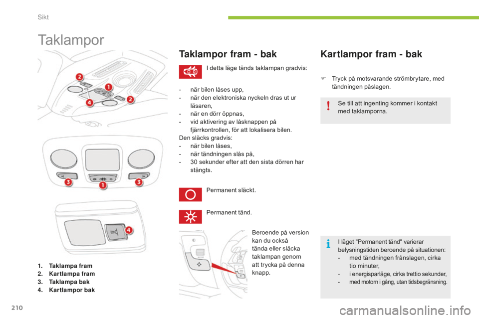 CITROEN C4 SPACETOURER 2015 InstruktionsbÖcker (in Swedish) 210
C4-Picasso-II_sv_Chap05_visibilite_ed01-2014
Taklampor
1. Taklampa fram
2. Kartlampa fram
3.
T
aklampa bak
4.
K
artlampor bak
Taklampor fram - bak
F Tryck på motsvarande strömbrytare, med t CITROEN C4 SPACETOURER 2015 InstruktionsbÖcker (in Swedish) 210
C4-Picasso-II_sv_Chap05_visibilite_ed01-2014
Taklampor
1. Taklampa fram
2. Kartlampa fram
3.
T
aklampa bak
4.
K
artlampor bak
Taklampor fram - bak
F Tryck på motsvarande strömbrytare, med t
