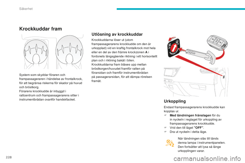 CITROEN C4 SPACETOURER 2015  InstruktionsbÖcker (in Swedish) 228
C4-Picasso-II_sv_Chap06_securite_ed01-2014
Urkoppling
När tändningen slås till tänds 
denna lampa i instrumentpanelen. 
Den fortsätter att lysa så länge 
urkopplingen varar.
Krockkuddar fra