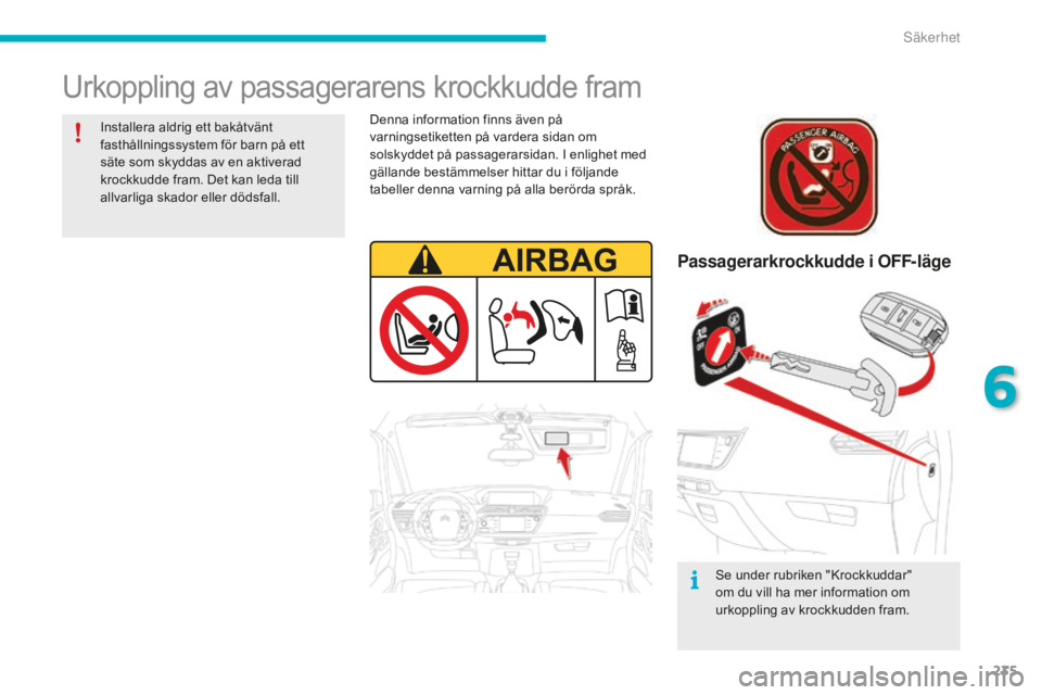 CITROEN C4 SPACETOURER 2015 InstruktionsbÖcker (in Swedish) 235
C4-Picasso-II_sv_Chap06_securite_ed01-2014
Urkoppling av passagerarens krockkudde fram
Passagerarkrockkudde i OFF-läge
Se under rubriken "Krockkuddar"
om du vill ha mer information om
u CITROEN C4 SPACETOURER 2015 InstruktionsbÖcker (in Swedish) 235
C4-Picasso-II_sv_Chap06_securite_ed01-2014
Urkoppling av passagerarens krockkudde fram
Passagerarkrockkudde i OFF-läge
Se under rubriken "Krockkuddar"
om du vill ha mer information om
u