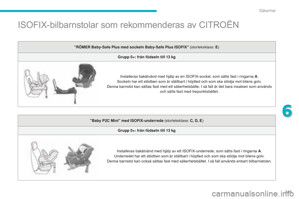 CITROEN C4 SPACETOURER 2015  InstruktionsbÖcker (in Swedish) 245
C4-Picasso-II_sv_Chap06_securite_ed01-2014
ISOFIX-bilbarnstolar som rekommenderas av CITROËN
"RÖMER Baby- Safe Plus med sockeln Baby- Safe Plus ISOFIX" (storleksklass: E)
Grupp 0+: från
