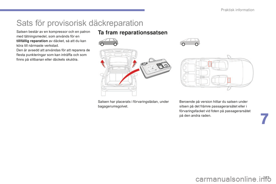 CITROEN C4 SPACETOURER 2015 InstruktionsbÖcker (in Swedish) 253
C4-Picasso-II_sv_Chap07_info-pratiques_ed01-2014
Satsen har placerats i förvaringslådan, under
bagagerumsgolvet.
Satsen består av en kompressor och en patron
med tätningsmedel, som används CITROEN C4 SPACETOURER 2015 InstruktionsbÖcker (in Swedish) 253
C4-Picasso-II_sv_Chap07_info-pratiques_ed01-2014
Satsen har placerats i förvaringslådan, under
bagagerumsgolvet.
Satsen består av en kompressor och en patron
med tätningsmedel, som används