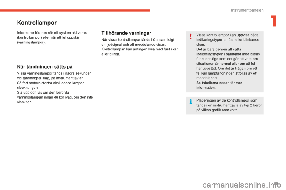 CITROEN C4 SPACETOURER 2015 InstruktionsbÖcker (in Swedish) 25
C4-Picasso-II_sv_Chap01_controle-de-marche_ed01-2014
Kontrollampor
Vissa kontrollampor kan uppvisa båda
indikeringstyperna: fast eller blinkande
sken.
Det är bara genom att sätta
indikeringst CITROEN C4 SPACETOURER 2015 InstruktionsbÖcker (in Swedish) 25
C4-Picasso-II_sv_Chap01_controle-de-marche_ed01-2014
Kontrollampor
Vissa kontrollampor kan uppvisa båda
indikeringstyperna: fast eller blinkande
sken.
Det är bara genom att sätta
indikeringst