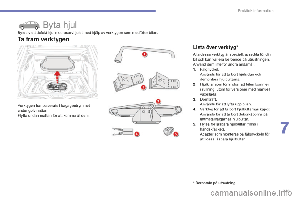 CITROEN C4 SPACETOURER 2015 InstruktionsbÖcker (in Swedish) 261
C4-Picasso-II_sv_Chap07_info-pratiques_ed01-2014
Byta hjul
Verktygen har placerats i bagageutrymmet
under golvmattan.
Flytta undan mattan för att komma åt dem.
Ta fram verktygen
Lista över ver CITROEN C4 SPACETOURER 2015 InstruktionsbÖcker (in Swedish) 261
C4-Picasso-II_sv_Chap07_info-pratiques_ed01-2014
Byta hjul
Verktygen har placerats i bagageutrymmet
under golvmattan.
Flytta undan mattan för att komma åt dem.
Ta fram verktygen
Lista över ver