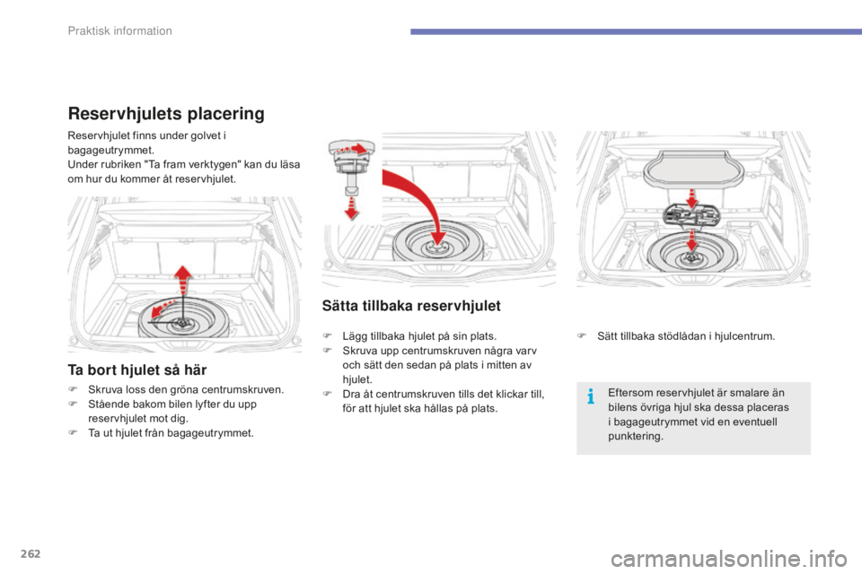 CITROEN C4 SPACETOURER 2015 InstruktionsbÖcker (in Swedish) 262
C4-Picasso-II_sv_Chap07_info-pratiques_ed01-2014
Ta bort hjulet så här
F Skruva loss den gröna centrumskruven.
F S tående bakom bilen lyfter du upp
reservhjulet mot dig.
F
T
a ut hjulet fr CITROEN C4 SPACETOURER 2015 InstruktionsbÖcker (in Swedish) 262
C4-Picasso-II_sv_Chap07_info-pratiques_ed01-2014
Ta bort hjulet så här
F Skruva loss den gröna centrumskruven.
F S tående bakom bilen lyfter du upp
reservhjulet mot dig.
F
T
a ut hjulet fr