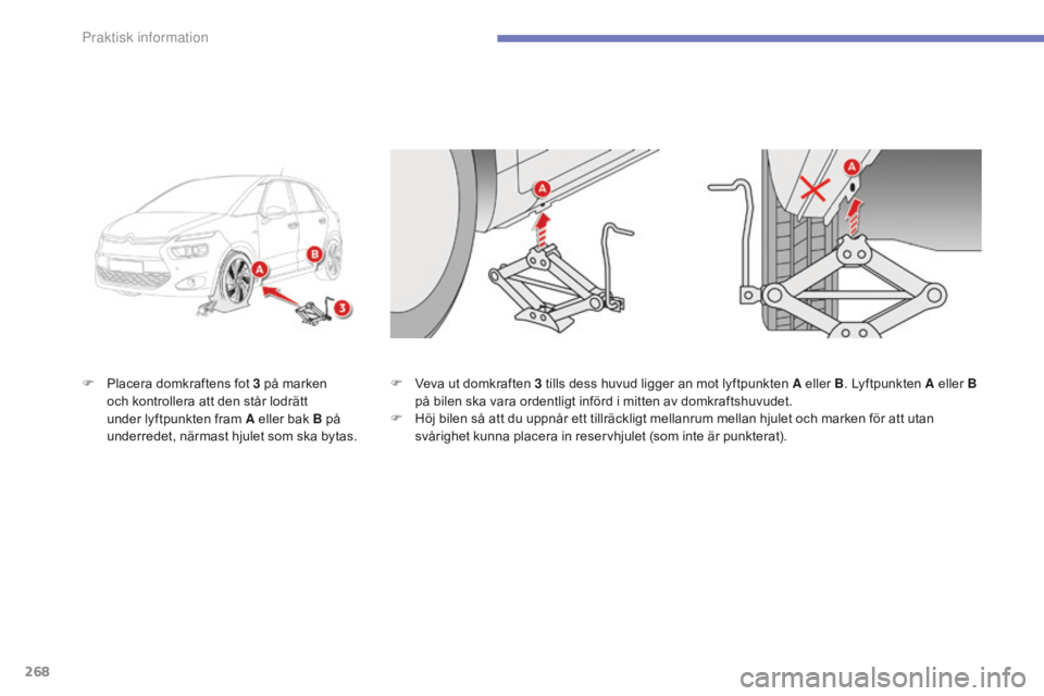 CITROEN C4 SPACETOURER 2015 InstruktionsbÖcker (in Swedish) 268
C4-Picasso-II_sv_Chap07_info-pratiques_ed01-2014
F Placera domkraftens fot 3 på marken
och kontrollera att den står lodrätt
under lyftpunkten fram A eller bak B på
underredet, närmast hju CITROEN C4 SPACETOURER 2015 InstruktionsbÖcker (in Swedish) 268
C4-Picasso-II_sv_Chap07_info-pratiques_ed01-2014
F Placera domkraftens fot 3 på marken
och kontrollera att den står lodrätt
under lyftpunkten fram A eller bak B på
underredet, närmast hju