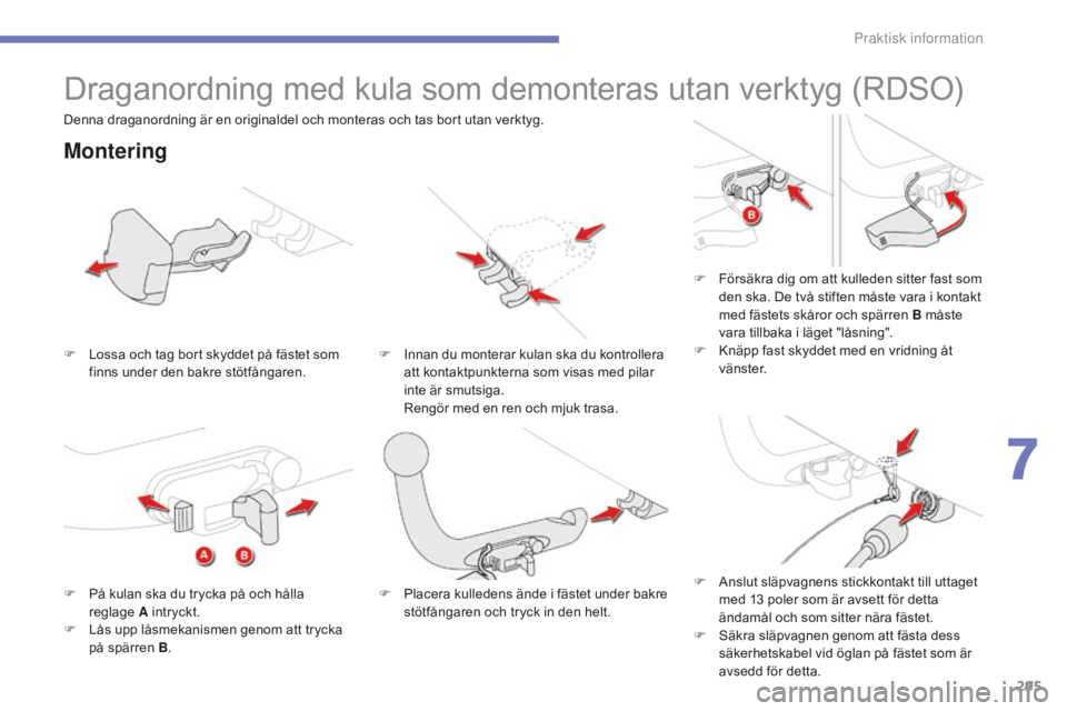 CITROEN C4 SPACETOURER 2015 InstruktionsbÖcker (in Swedish) 295
C4-Picasso-II_sv_Chap07_info-pratiques_ed01-2014
Draganordning med kula som demonteras utan verktyg (RDSO)
Montering
F Lossa och tag bort skyddet på fästet som finns under den bakre stötfångar CITROEN C4 SPACETOURER 2015 InstruktionsbÖcker (in Swedish) 295
C4-Picasso-II_sv_Chap07_info-pratiques_ed01-2014
Draganordning med kula som demonteras utan verktyg (RDSO)
Montering
F Lossa och tag bort skyddet på fästet som finns under den bakre stötfångar