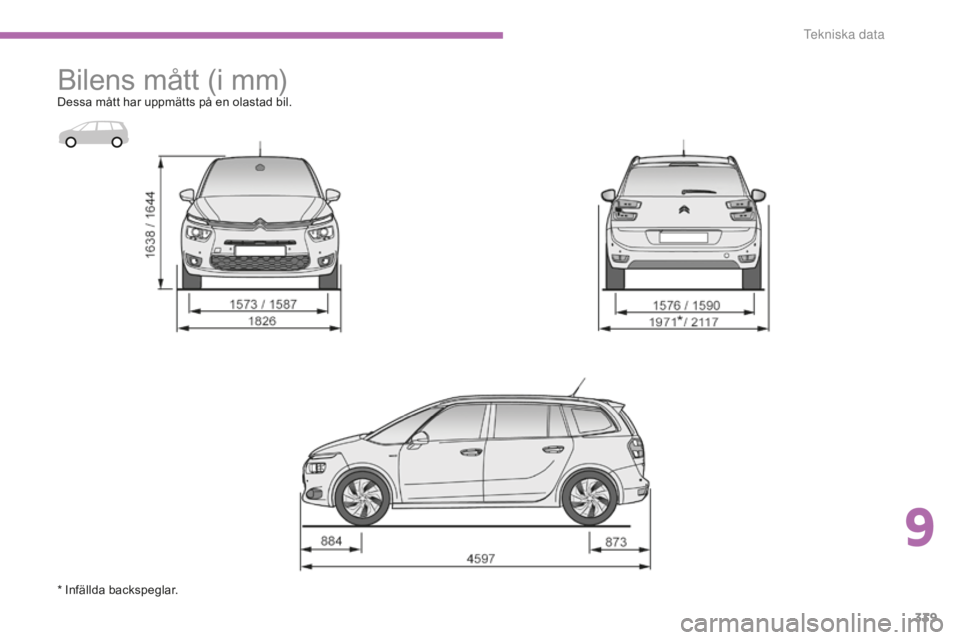 CITROEN C4 SPACETOURER 2015 InstruktionsbÖcker (in Swedish) 339
C4-Picasso-II_sv_Chap09_caracteristiques-techniques_ed01-2014
Bilens mått (i mm)Dessa mått har uppmätts på en olastad bil.
* Infällda backspeglar.
9
T CITROEN C4 SPACETOURER 2015 InstruktionsbÖcker (in Swedish) 339
C4-Picasso-II_sv_Chap09_caracteristiques-techniques_ed01-2014
Bilens mått (i mm)Dessa mått har uppmätts på en olastad bil.
* Infällda backspeglar.
9
T