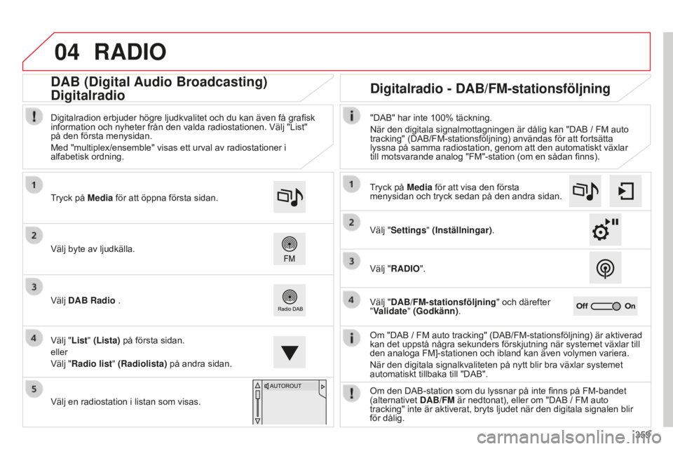 CITROEN C4 SPACETOURER 2015 InstruktionsbÖcker (in Swedish) 04
359
C4-Picasso-II_sv_Chap10b_SMEGplus_ed01-2014
RADIO
Om "DAB / FM auto tracking" (DAB/FM-stationsföljning) är aktiverad
kan det uppstå några sekunders förskjutning när systemet väx CITROEN C4 SPACETOURER 2015 InstruktionsbÖcker (in Swedish) 04
359
C4-Picasso-II_sv_Chap10b_SMEGplus_ed01-2014
RADIO
Om "DAB / FM auto tracking" (DAB/FM-stationsföljning) är aktiverad
kan det uppstå några sekunders förskjutning när systemet väx