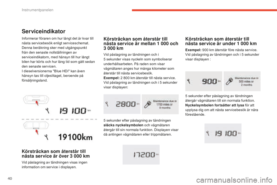 CITROEN C4 SPACETOURER 2015  InstruktionsbÖcker (in Swedish) 40
C4-Picasso-II_sv_Chap01_controle-de-marche_ed01-2014
Serviceindikator
Informerar föraren om hur långt det är kvar till 
nästa servicebesök enligt serviceschemat.
Denna beräkning sker med utg�