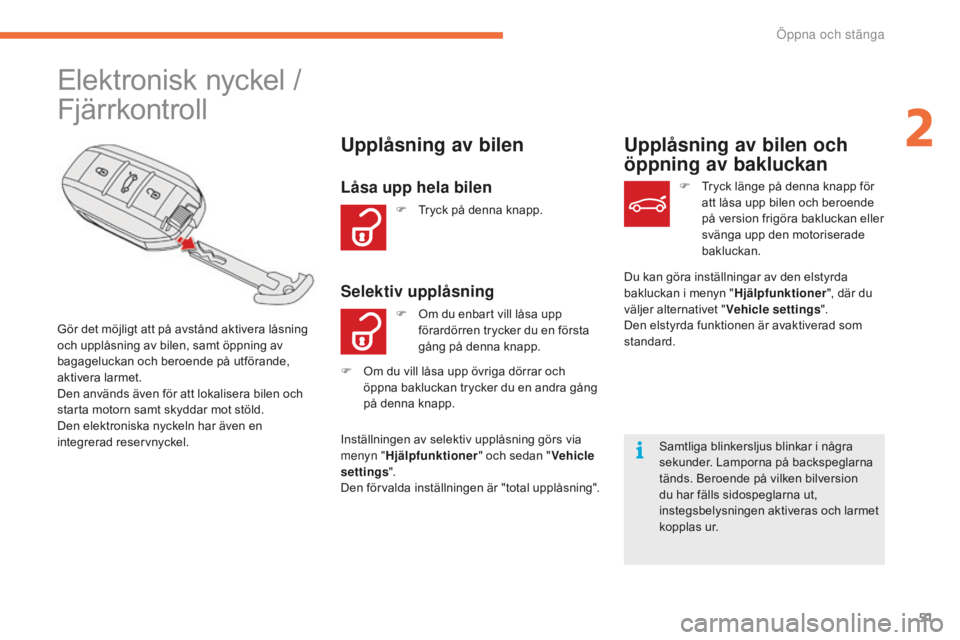 CITROEN C4 SPACETOURER 2015 InstruktionsbÖcker (in Swedish) 51
C4-Picasso-II_sv_Chap02_ouvertures_ed01-2014
Fjärrkontroll Elektronisk nyckel /
Gör det möjligt att på avstånd aktivera låsning
och upplåsning av bilen, samt öppning av
bagageluckan och b CITROEN C4 SPACETOURER 2015 InstruktionsbÖcker (in Swedish) 51
C4-Picasso-II_sv_Chap02_ouvertures_ed01-2014
Fjärrkontroll Elektronisk nyckel /
Gör det möjligt att på avstånd aktivera låsning
och upplåsning av bilen, samt öppning av
bagageluckan och b